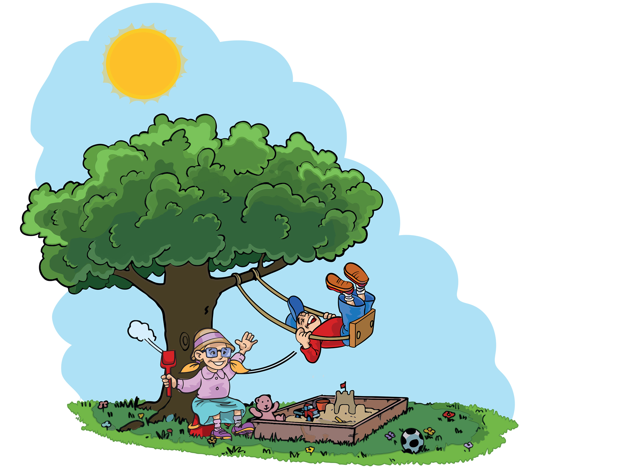 Illustrasjon av barn som leker i skyggen under et tre