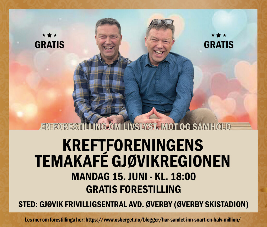 Tre smilende menn sitter sammen i en sofa. Teksten annonserer et gratis kreftforeningsarrangement i Gjøvik den 15. juni kl. 18:00, avholdt på Gjøvik Frivilligsentral, Øverby.
