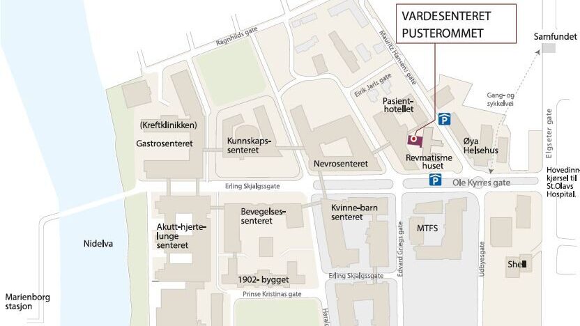 Kart med veibeskrivelse til Vardesenteret ved St. Olavs