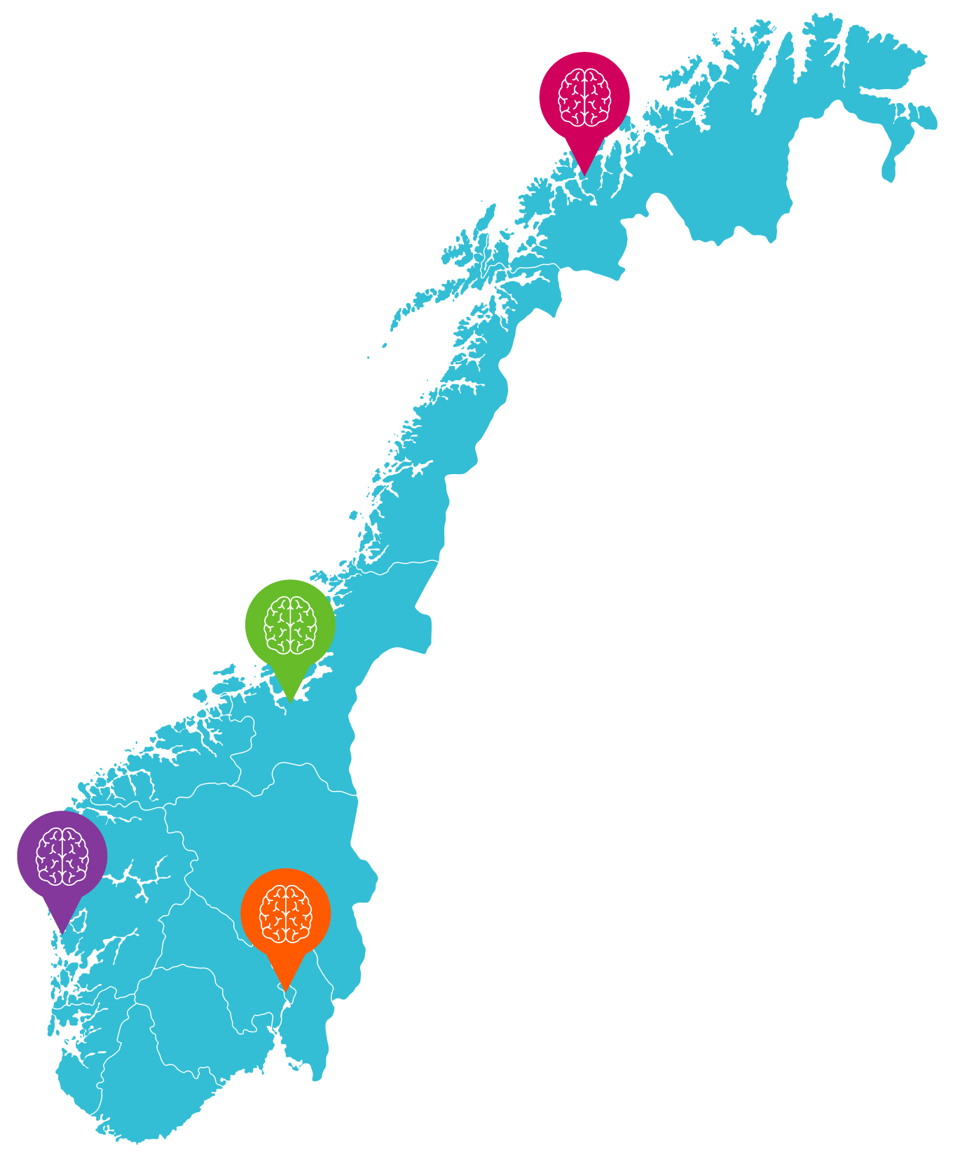 et kart over Norge med symboler på byer med hjerne