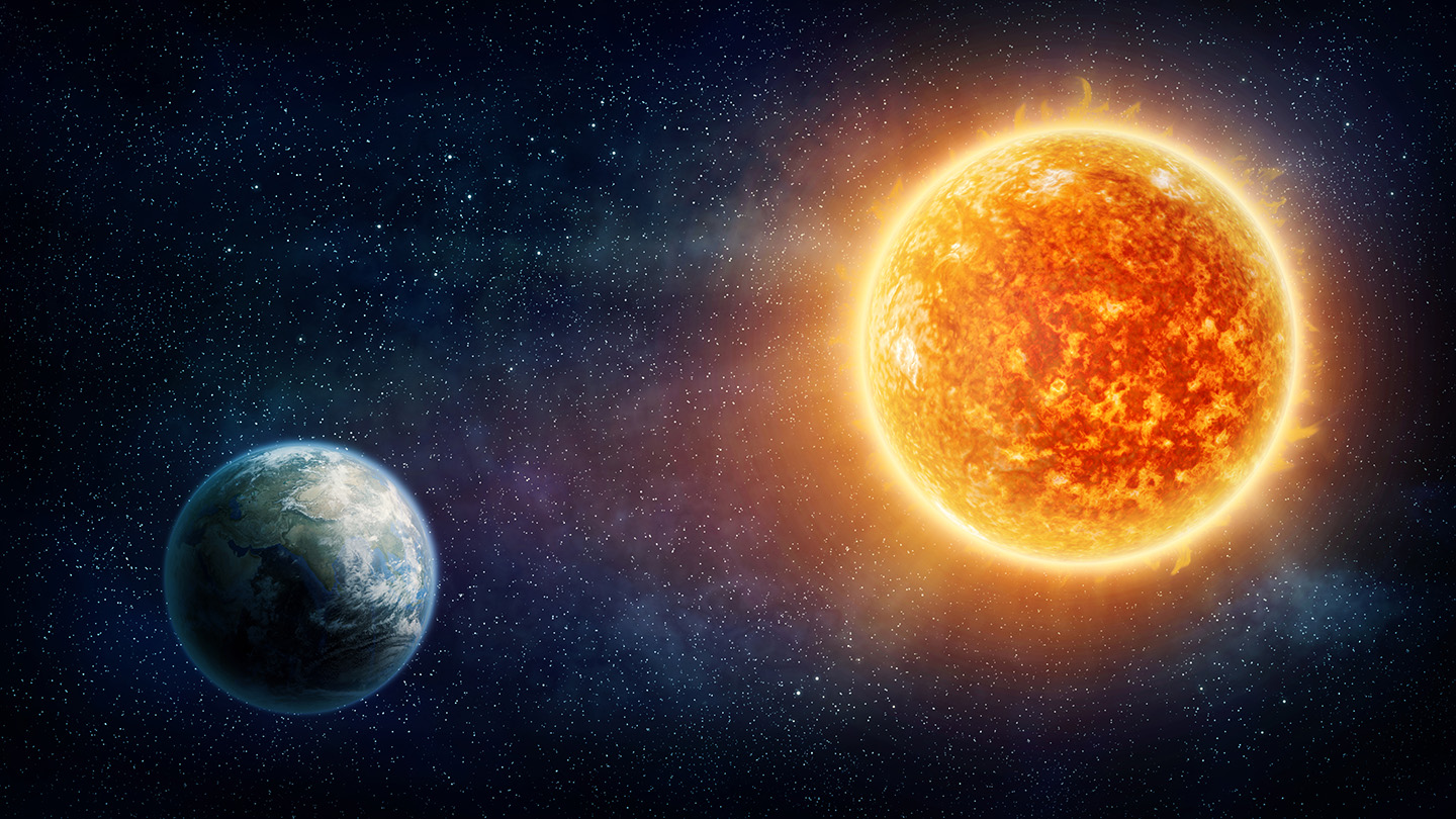 et kunstnerinntrykk av en sol og en planet.