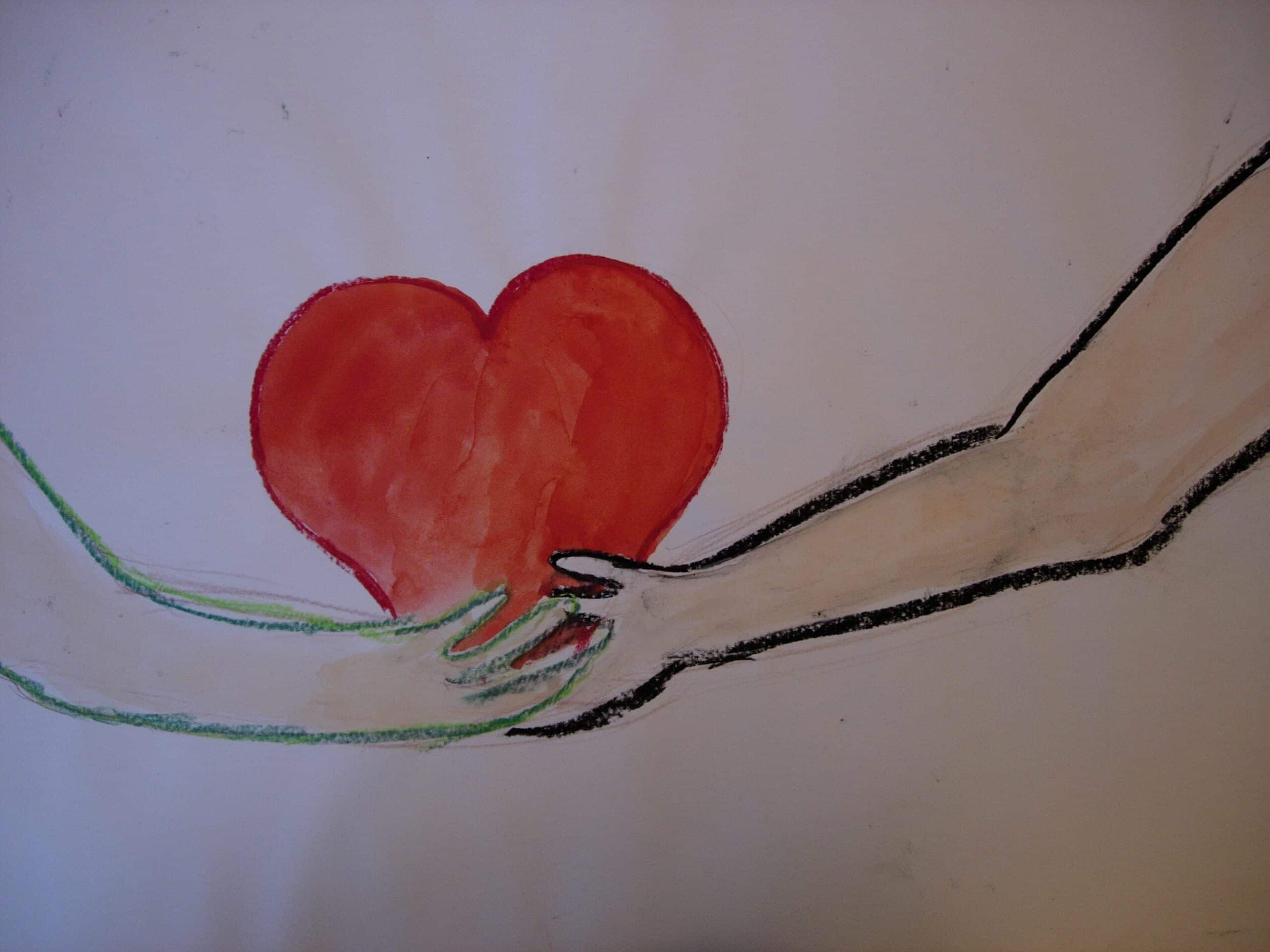 en tegning av hender som holder et hjerte.