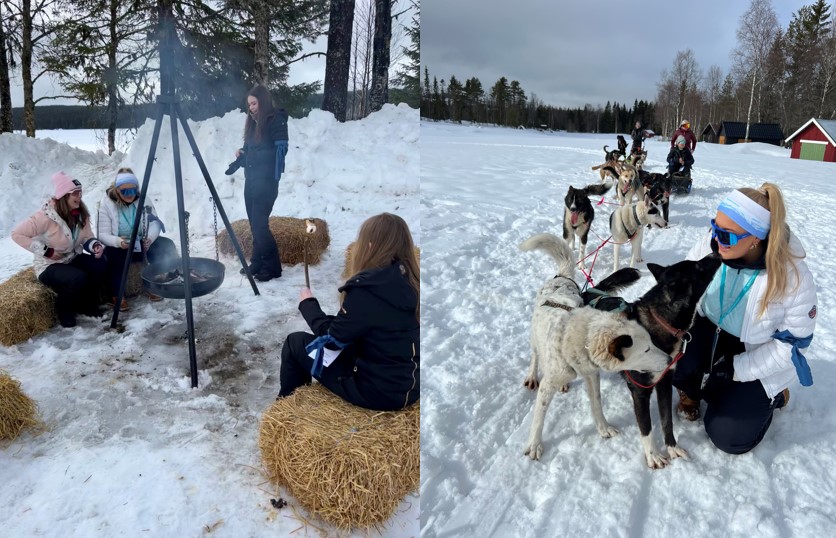 Venstre side: Tre personer steker marshmallows over bål i et snødekt område. Høyre side: En person som kneler ved siden av et spann med sledehunder i snøen.