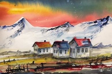 Et akvarellmaleri av hus i fjellet.