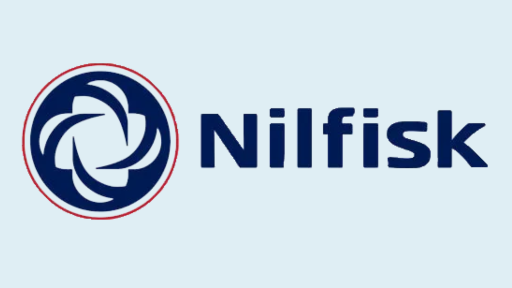 Nilfisk logo på blå bakgrunn.