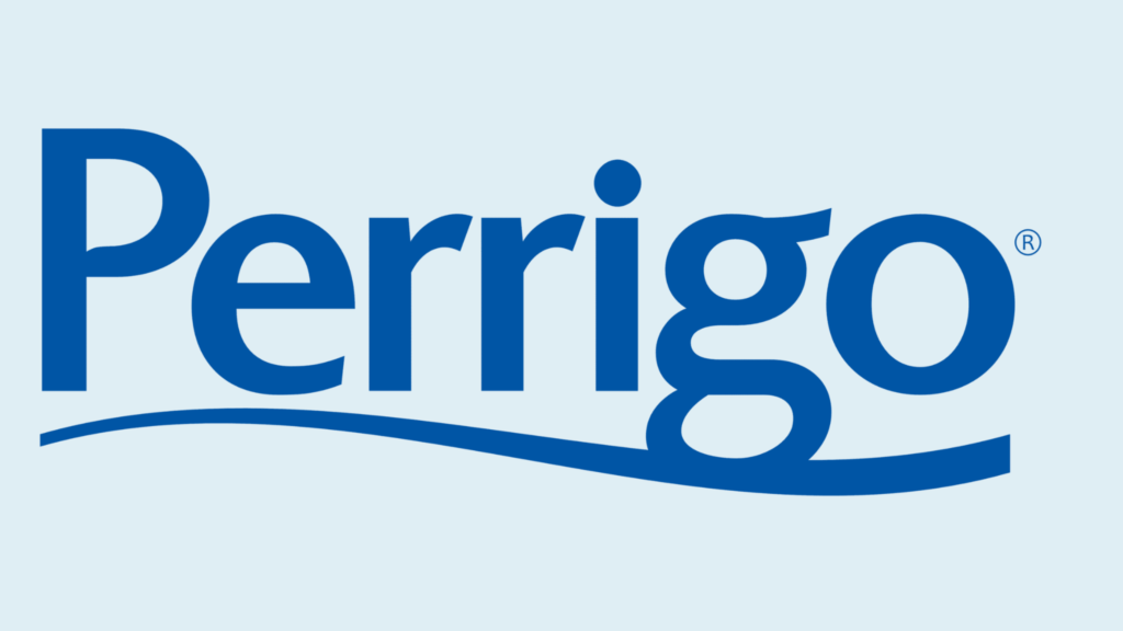 Perrigo logo på blå bakgrunn.