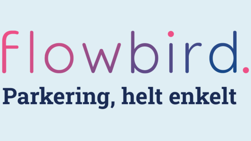 Flowbird logoen på blå bakgrunn.