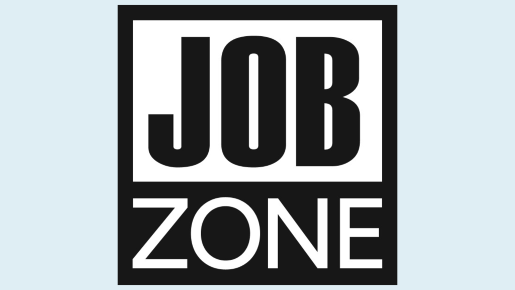 Jobbzone logo på blå bakgrunn.