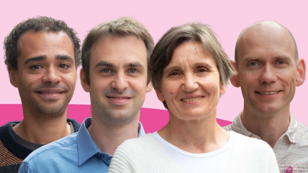 Fire forskere med rosa bakgrunn