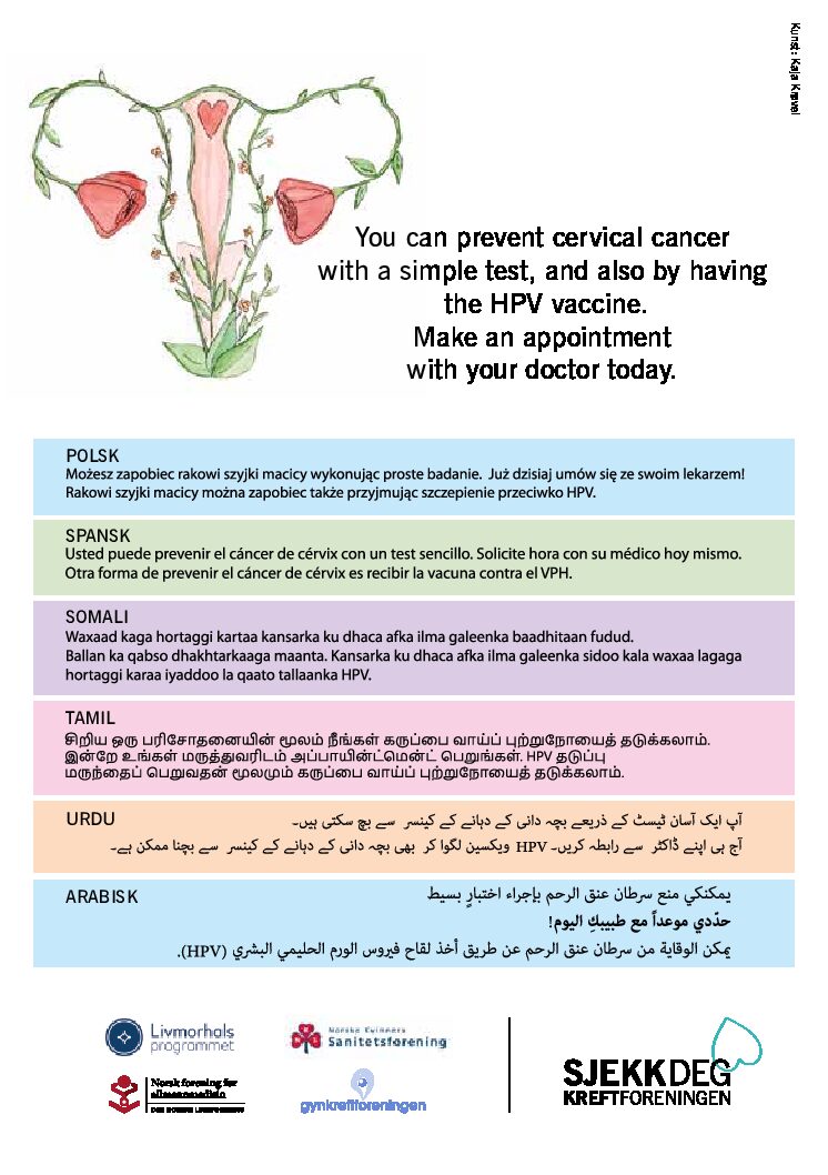 Plakat på flere språk - Om HPV-test og livmorhalsprøve