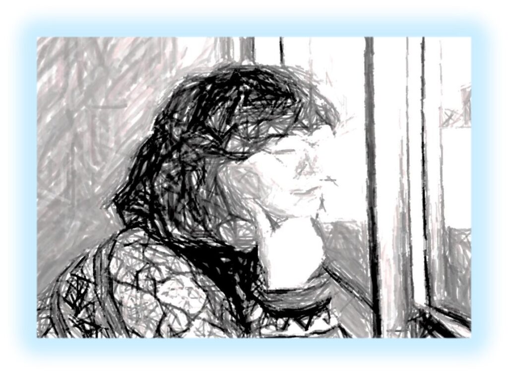 En tegning av en kvinne som ser ut av vinduet.