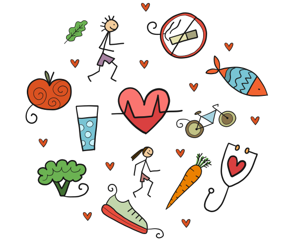 Illustrasjon av ulike helserelaterte ikoner, inkludert en løper, stetoskop, hjerte, røykeforbud, vann, fisk, sykkel, eple, brokkoli, gulrot, sko og små hjerter.