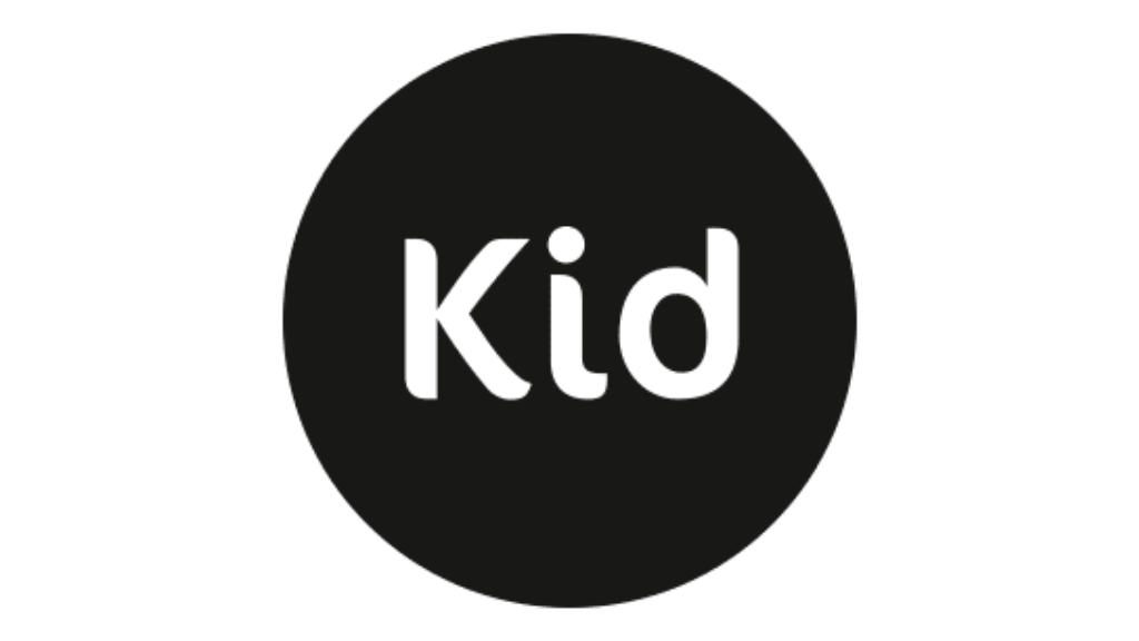 Logoen til samarbeidspartner Kid Interiør. Et svart sirkulært ikon med ordet "Kid" skrevet med hvit, fet, sans-serif-skrift i midten.