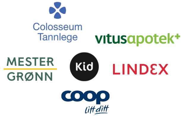 Logoer til ulike butikker og tjenester inkludert Colosseum Tannlege, Vitusapotek, Mester Grønn, Kid, Lindex og Coop.