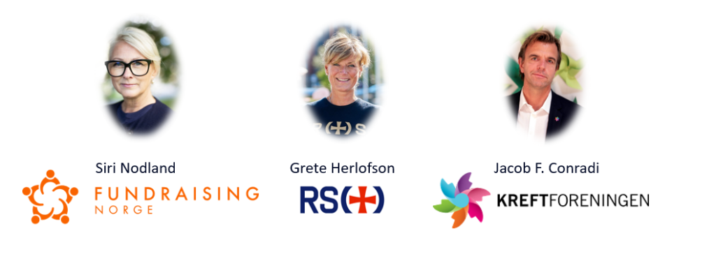 Tre hodebilder over logoer for Fundraising Norge, Røde Kors og Kreftforeningen, med henholdsvis Siri Nodland, Grete Herlofson og Jacob F. Conradi.