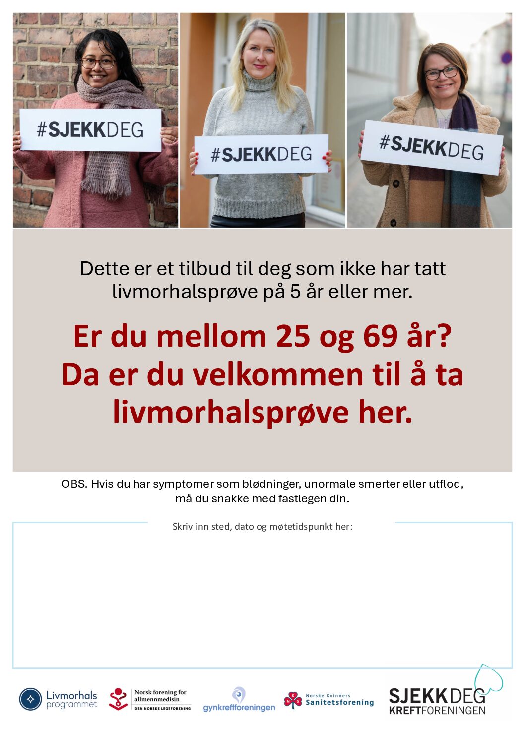 Plakat med tomt felt for helsestasjoner og andre som skal ha sjekkedager