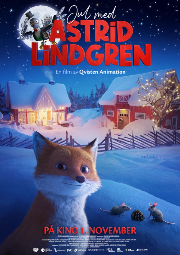 En animert rev og to mus står i en snødekt landsby med dekorerte hus. Teksten lyder: «Jul med Astrid Lindgren», «En film av Qvisten Animation» og «På kino 1. november.