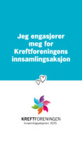 Blå og hvit plakat med teksten "Jeg engasjerer oss for Kreftforeningens innsamlingsaksjon." Plakaten har fargerik logo og to hjerteikoner. midt på.