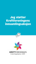 Banner med tekst "Jeg støtter Kreftforeningens innsamlingsaksjon," med hjerter og Kreftforeningens logo med fargerike kronblader.