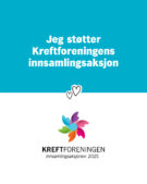 Banner med tekst "Jeg støtter Kreftforeningens innsamlingsaksjon," med hjerter og Kreftforeningens logo med fargerike kronblader. Til feed.