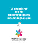 Banner med tekst "Vi engasjerer oss for Kreftforeningens innsamlingsaksjon," med hjerter og Kreftforeningens logo med fargerike kronblader. Til feed.