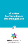 Blå og hvit plakat med tekst som støtter "Kreftforeningens innsamlingsaksjon." Har fargerik logo og to hjerteikoner.