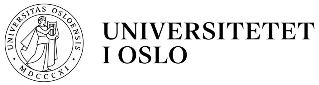 Universitetet i Oslos logo med segl til venstre med latinsk tekst og en person som holder en stav.