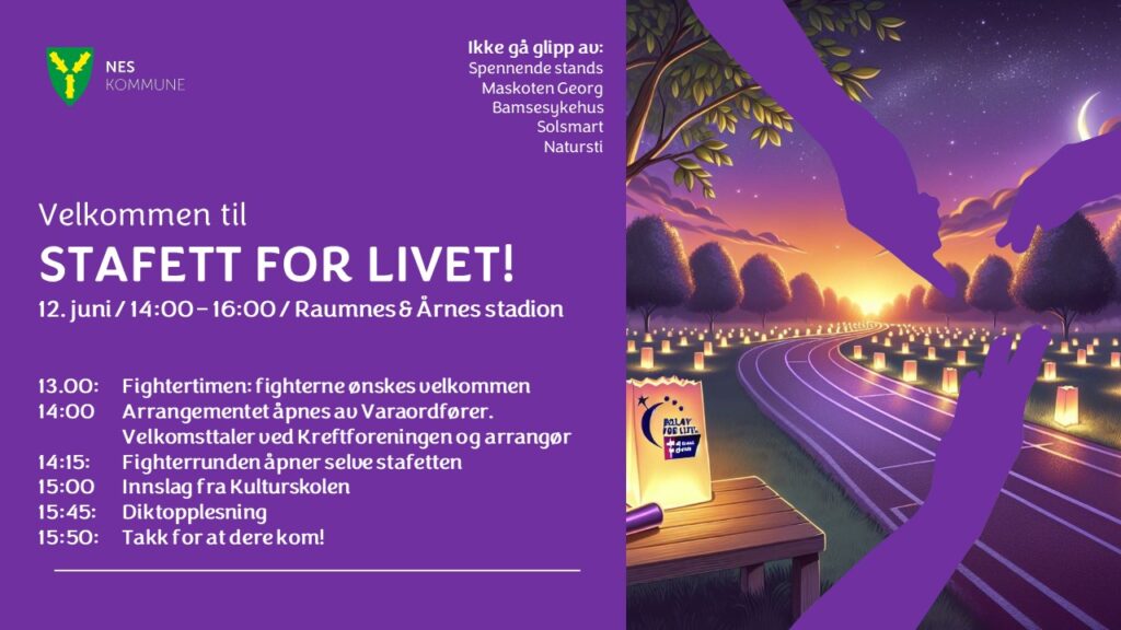 En digital illustrasjon av et nattstafettarrangement der deltakerne sender en stafettpinne på en bane opplyst av lilla lykter. Teksten beskriver arrangementsplanen og aktivitetene for «Stafett for Livet».