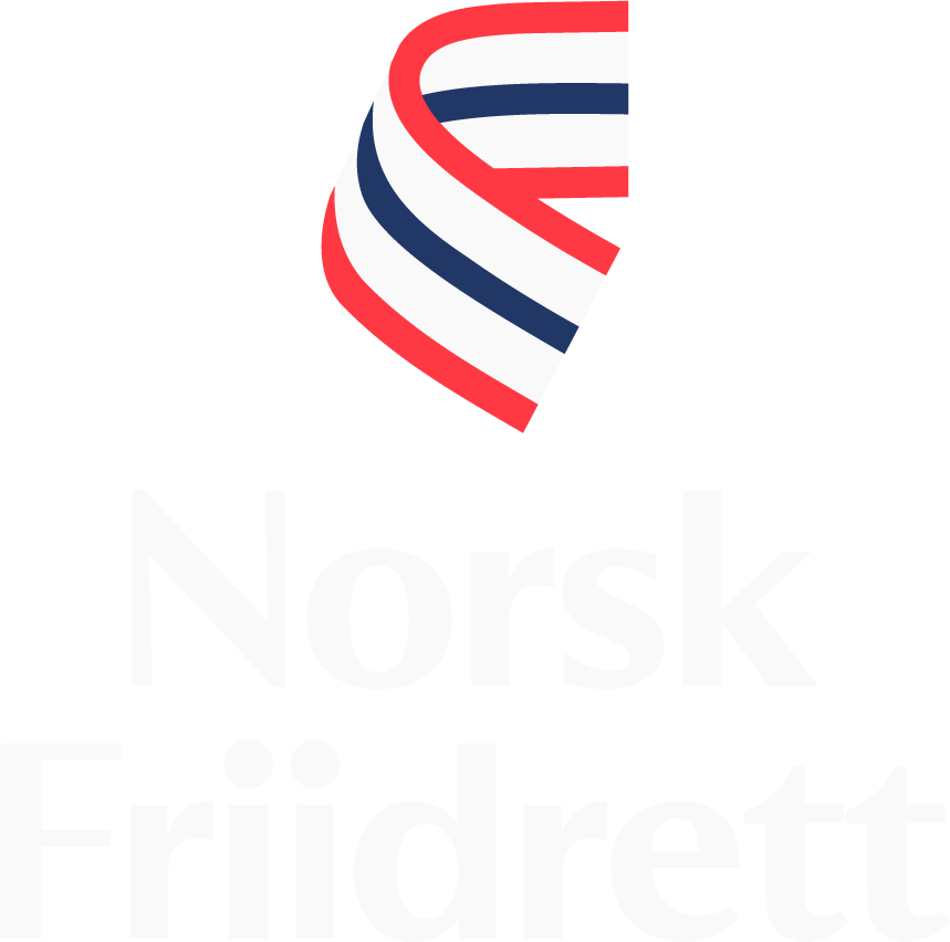 Logo for Norsk Friidrett, med stilisert bånd i det norske flaggets farger over organisasjonens navn i fet, hvit tekst.