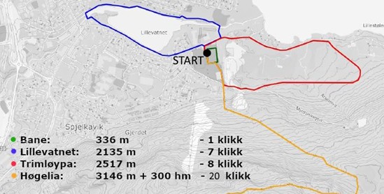 Kartet viser fire løperuter fra et startpunkt: 336 m (grønn), 2135 m (blå), 2517 m (rød) og 3146 m + 300 hm (gul), hver med tilhørende antall klikk.