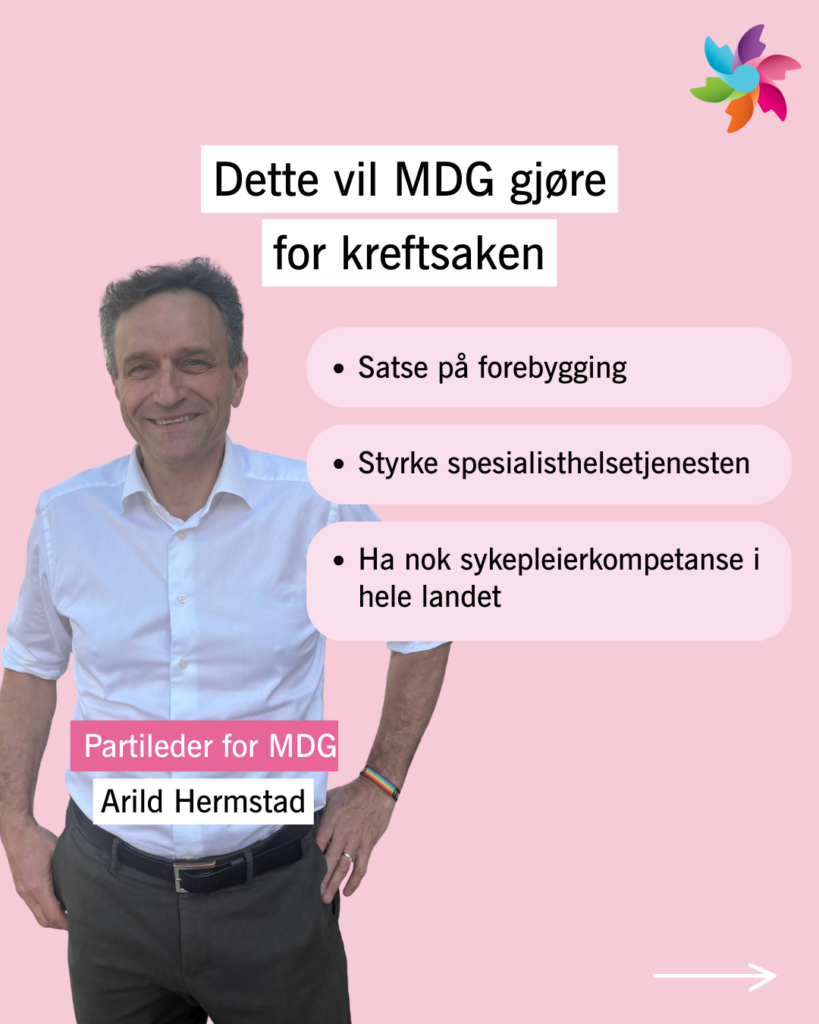 En mann i hvit skjorte står smilende foran en rosa bakgrunn med tekst om MDGs kreftpolitiske forslag på norsk og en fargerik logo i øverste høyre hjørne.