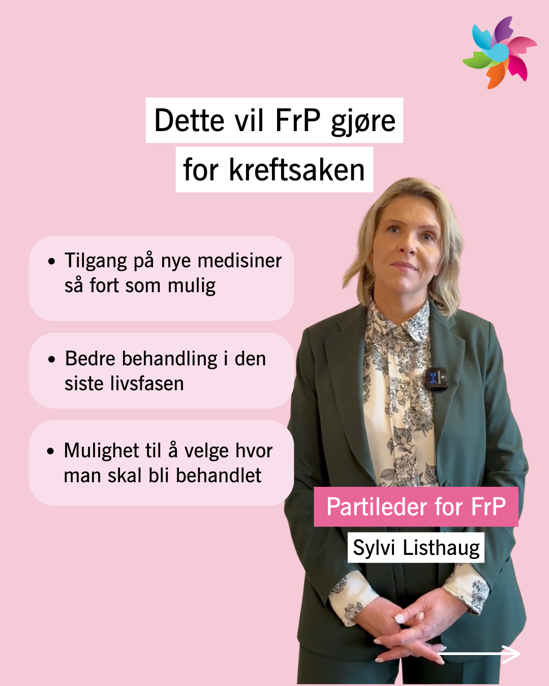 Sylvi Listhaug, Partileder for FrP, står foran en rosa bakgrunn med FrPs tiltak for kreftsaken listet opp ved siden av seg.