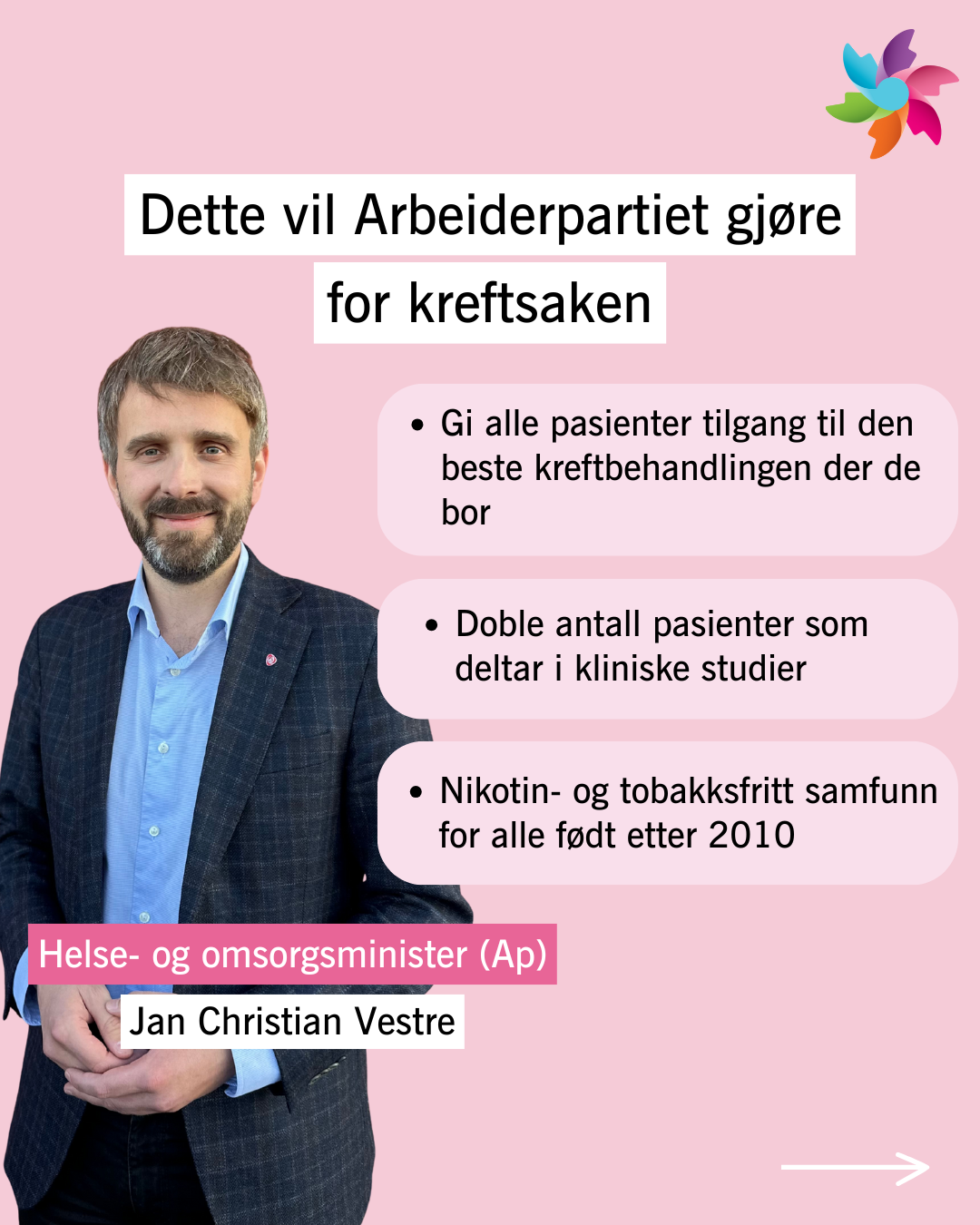 En mann i dress står ved siden av en tekst som lister opp Arbeiderpartiets kreftpolitiske mål, deriblant bedre tilgang til behandling, flere kliniske studier og et tobakksfritt samfunn.