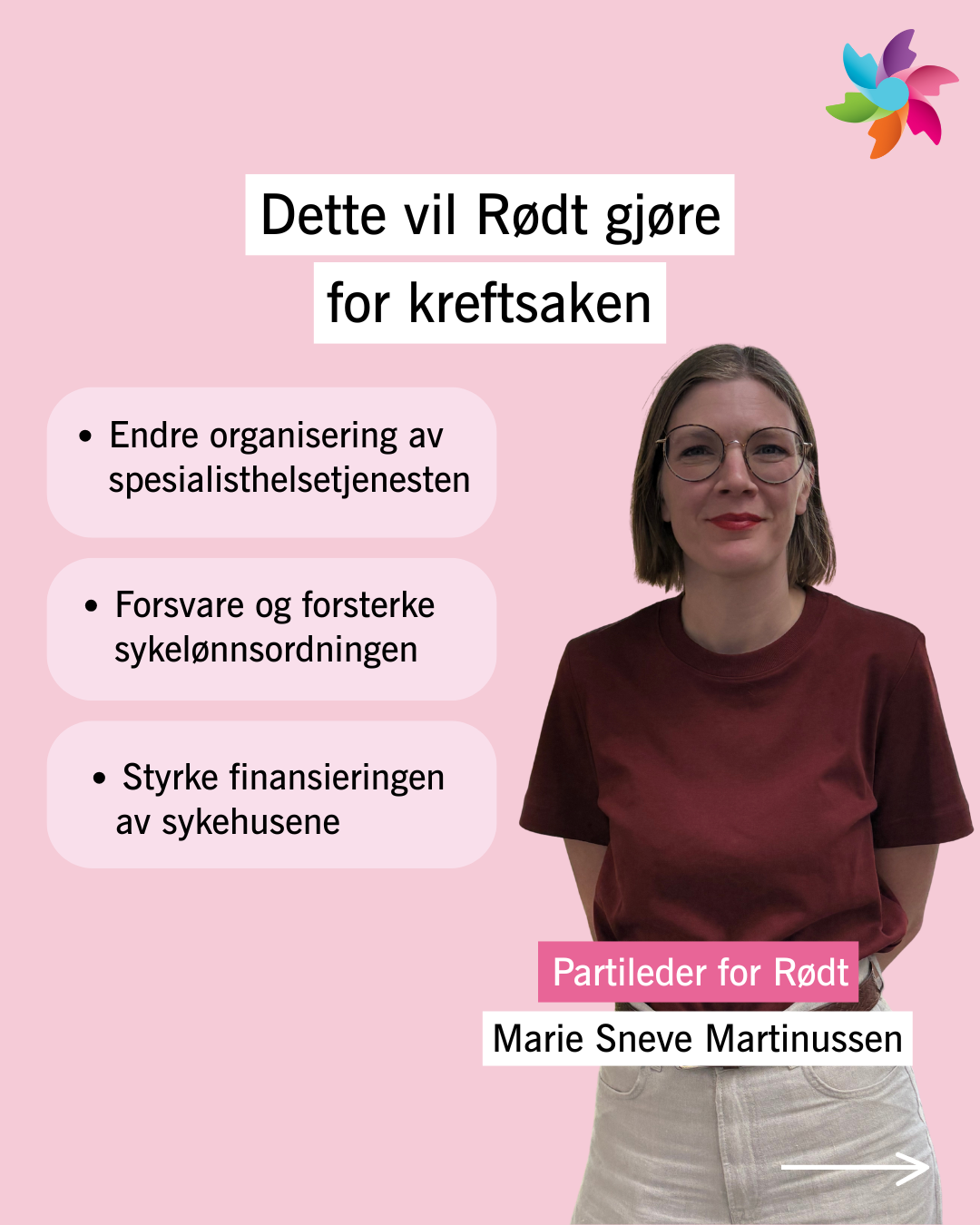 En kvinne i rød skjorte står foran en rosa bakgrunn med norsk tekst om Rødts kreftpolitiske forslag og en logo i øverste høyre hjørne.