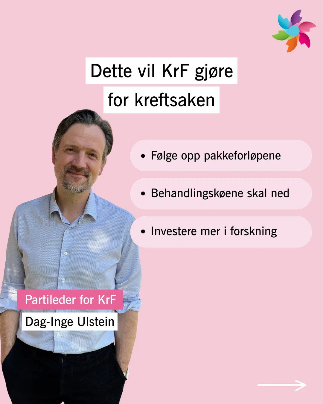 En mann står ved en tekst som lister opp KrFs kreftpolitikk: følge behandlingsfrister, redusere ventetider og satse mer på forskning. KrF-leder Dag-Inge Ulstein er identifisert.