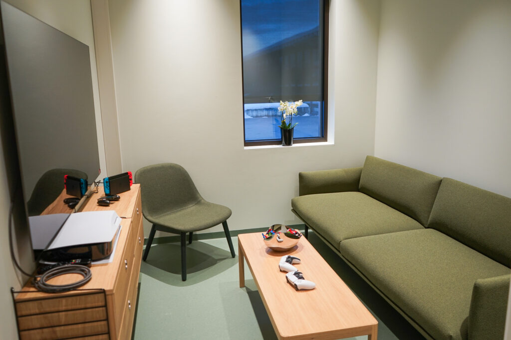 Et lite, moderne rom med en grønn sofa, en svart stol, et salongbord i tre med spillkontroller, en TV og et vindu med en blomstervase i karmen.