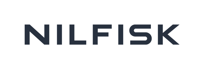 Bildet viser ordet "NILFISK" i fete, store, mørkeblå bokstaver på en lysegrå bakgrunn.