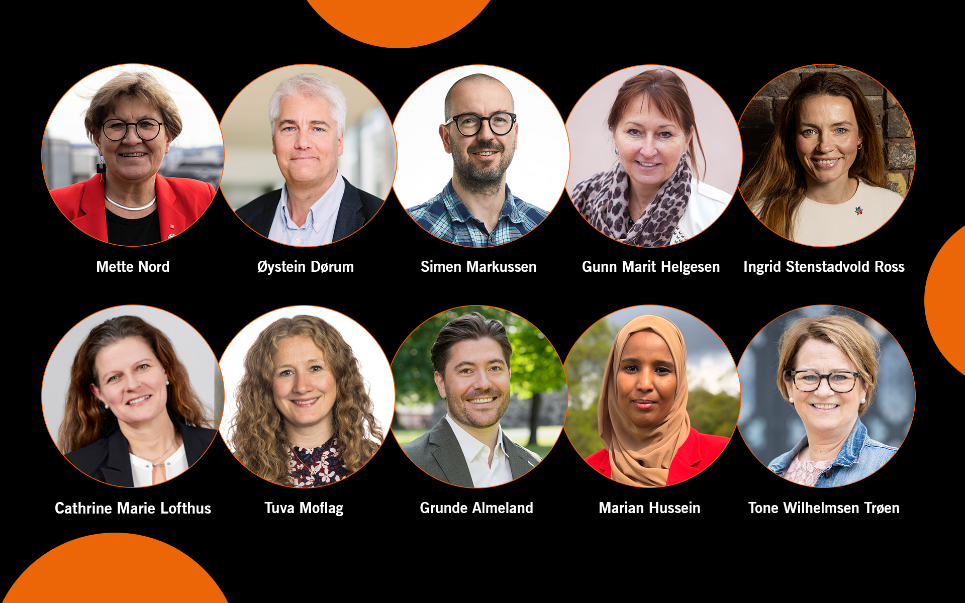 Et gruppefoto av ti personer, merket med hvert sitt navn: Mette Nord, Øystein Dørum, Simen Markussen, Gunn Marit Helgesen, Ingrid Stenslandvold Ross, Cathrine Marie Lofthus, Tuva Moflag, Grunde Almeland, Marian Hussein og Tone Wilhelmsen Trøen.