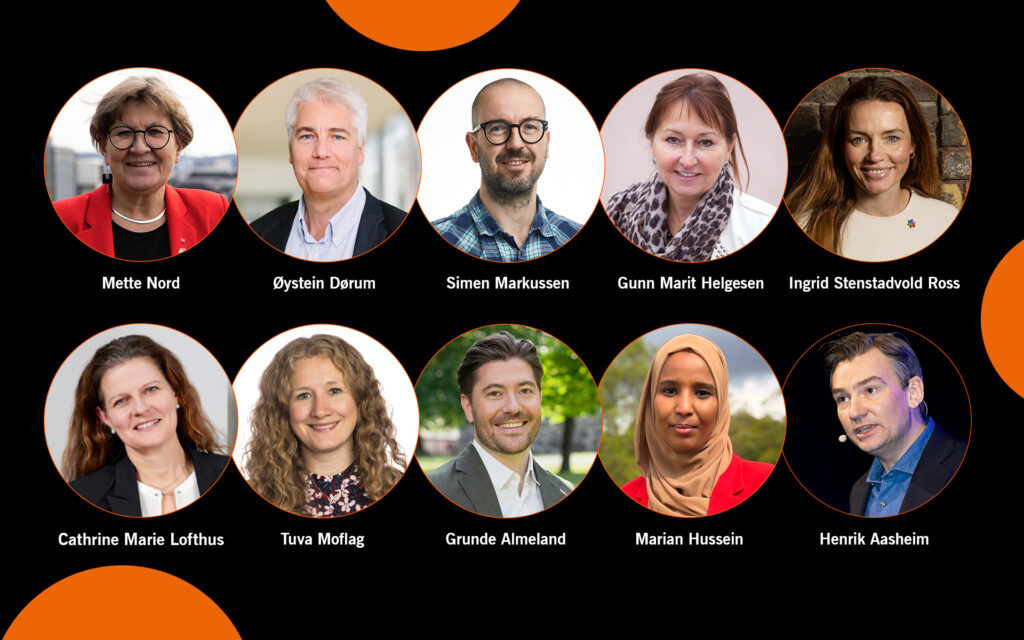 Et rutenett med ti portrettbilder av fem menn og fem kvinner, merket med hvert sitt navn: Mette Nord, Øystein Dørum, Simen Markussen, Gunn Marit Helgesen, Ingrid Stenstadvold Ross, Cathrine Marie Loftus, Tuva Moflag, Grunde Almeland, Marian Hussein og Henrik Asheim.