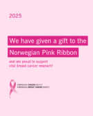 Gavekort som viser at en gave ble gitt til Rosa sløyfe i 2025 til støtte for brystkreftforskning, med Rosa sløyfe-logo og navn på organisasjonen.