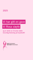 En rosa bakgrunn med norsk tekst om å donere til Rosa sløyfe-kampanjen mot brystkreft, inkludert en rosa sløyfe-logo.