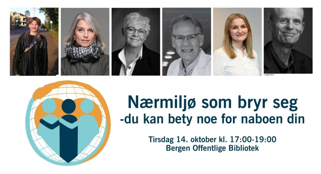 Et reklamebanner med portrettbilder av fem personer, en illustrert logo og tekst om et fellesarrangement den 14. oktober på Bergen Offentlige Bibliotek.
