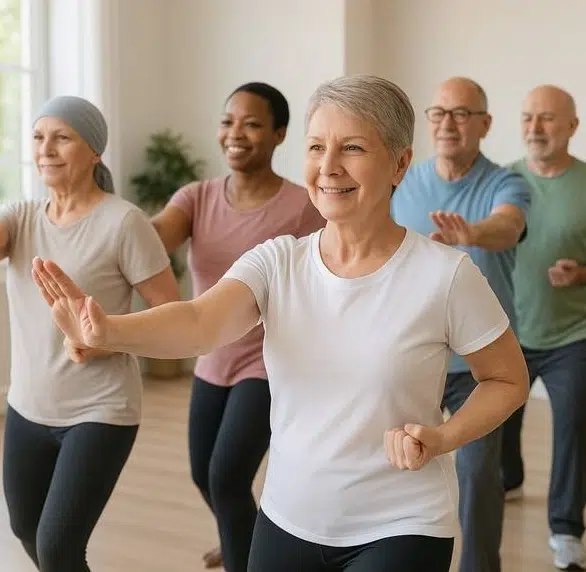 En gruppe eldre voksne i uformelle treningsklær trener fitness eller tai chi innendørs, mens de beveger armene fremover i takt.