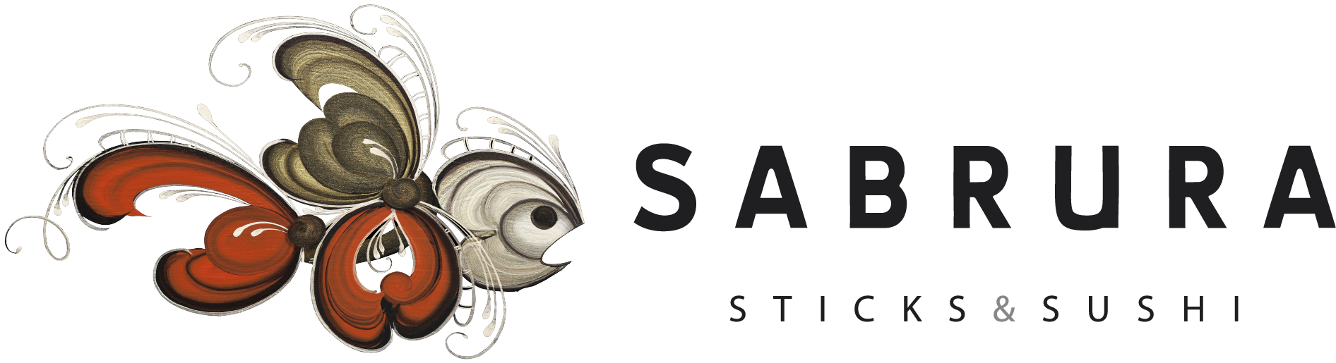 Stilisert fiskeillustrasjon ved siden av teksten "Sabrura Sticks & Sushi" på hvit bakgrunn.