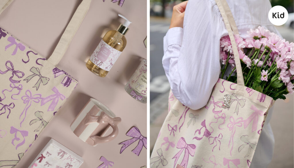 To-panelbilde som viser en Kid Interiør-ballerina-veske med matchende gjenstander til venstre, og vesken som bæres med rosa blomster inni til høyre.