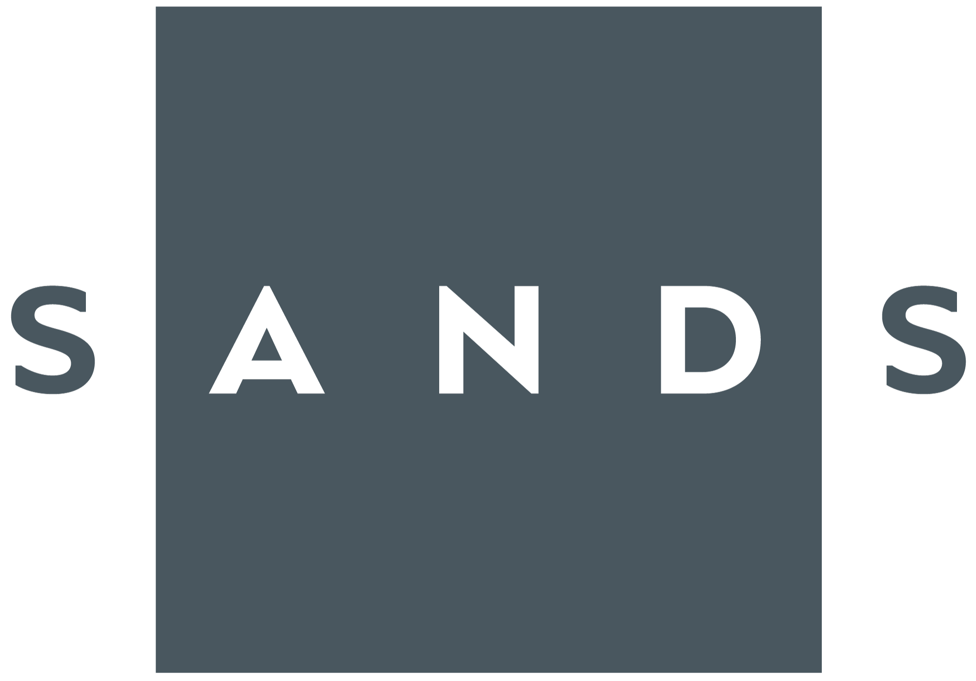 Ordet "SANDS" er sentrert i hvite versaler på en mørkegrå, kvadratisk bakgrunn, med det samme ordet i lysegrått med mellomrom på begge sider.