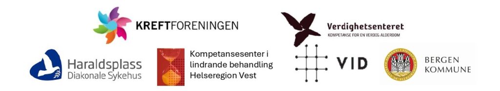 Logoer for Kreftforeningen, Verdighetsenteret, Haraldsplass Sykehus, Kompetansesenter i lindrande behandling, VID og Bergen Kommune vist på rekke og rad.