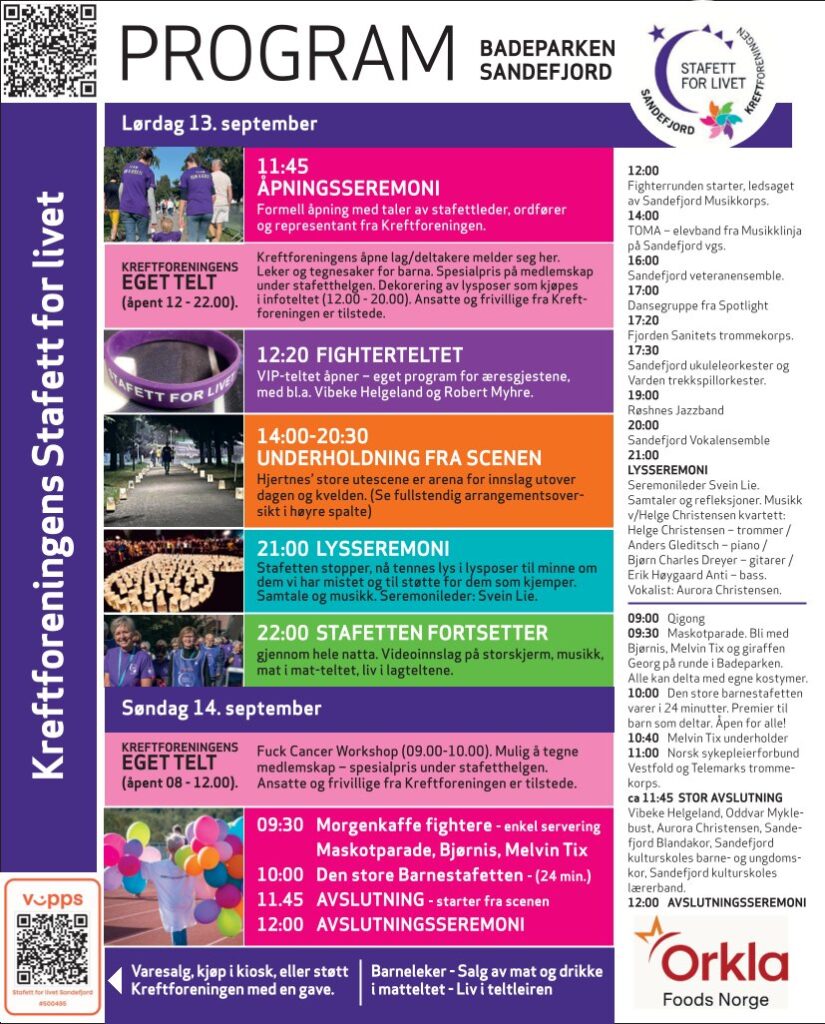 Program for Kreftforeningens Stafett for livet i Sandefjord, med oversikt over tidspunkt, aktiviteter, steder og sponsorer for 13.-14. september.