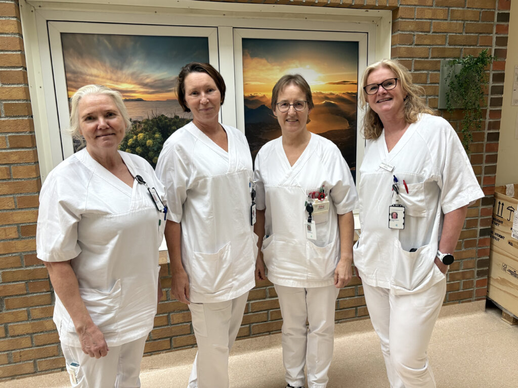 Fire kvinner i hvite legeuniformer står innendørs foran et vindu med naturskjønne landskapsbilder.