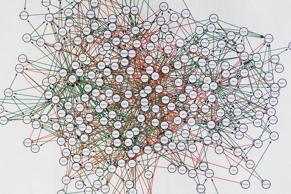 Et komplekst nettverksdiagram med mange sammenkoblede noder som er knyttet sammen med røde og grønne linjer på hvit bakgrunn.
